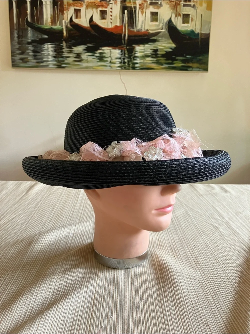 Chic Black Wide-Brim Hat with Pink Lace Trim and White Sequined Floral Accents